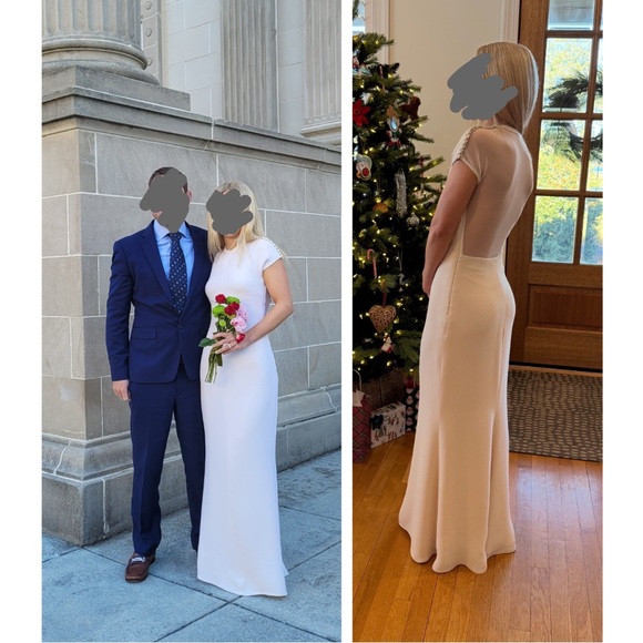 Vintage Silk Wedding Gown with Button Shoulder Details and Mesh Back - Picture 13 of 13